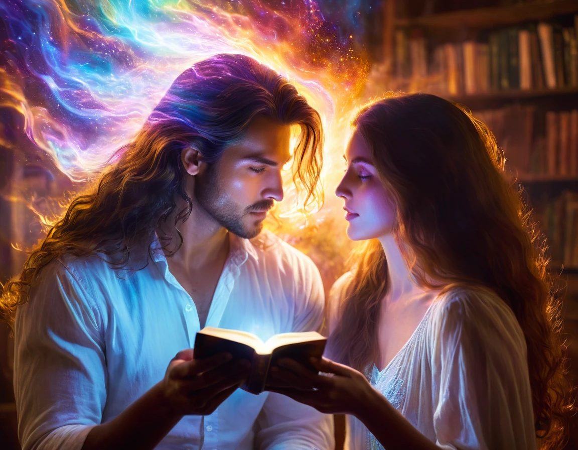 a beautiful ethereal energy reading between two people, highly detailed, intricate, photorealistic, 8k, masterpiece, cinematic lighting, vibrant colors, dramatic composition, natural skin tones, flowing hair, intimate eye contact, glowing auras, serene expression, mystical atmosphere, spiritual connection