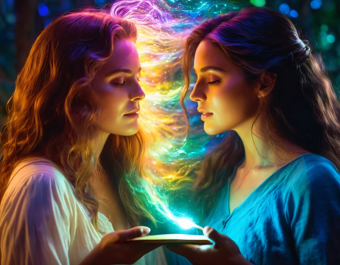 a beautiful ethereal energy reading between two people, highly detailed, intricate, photorealistic, 8k, masterpiece, cinematic lighting, vibrant colors, dramatic composition, natural skin tones, flowing hair, intimate eye contact, glowing auras, serene expression, mystical atmosphere, spiritual connection