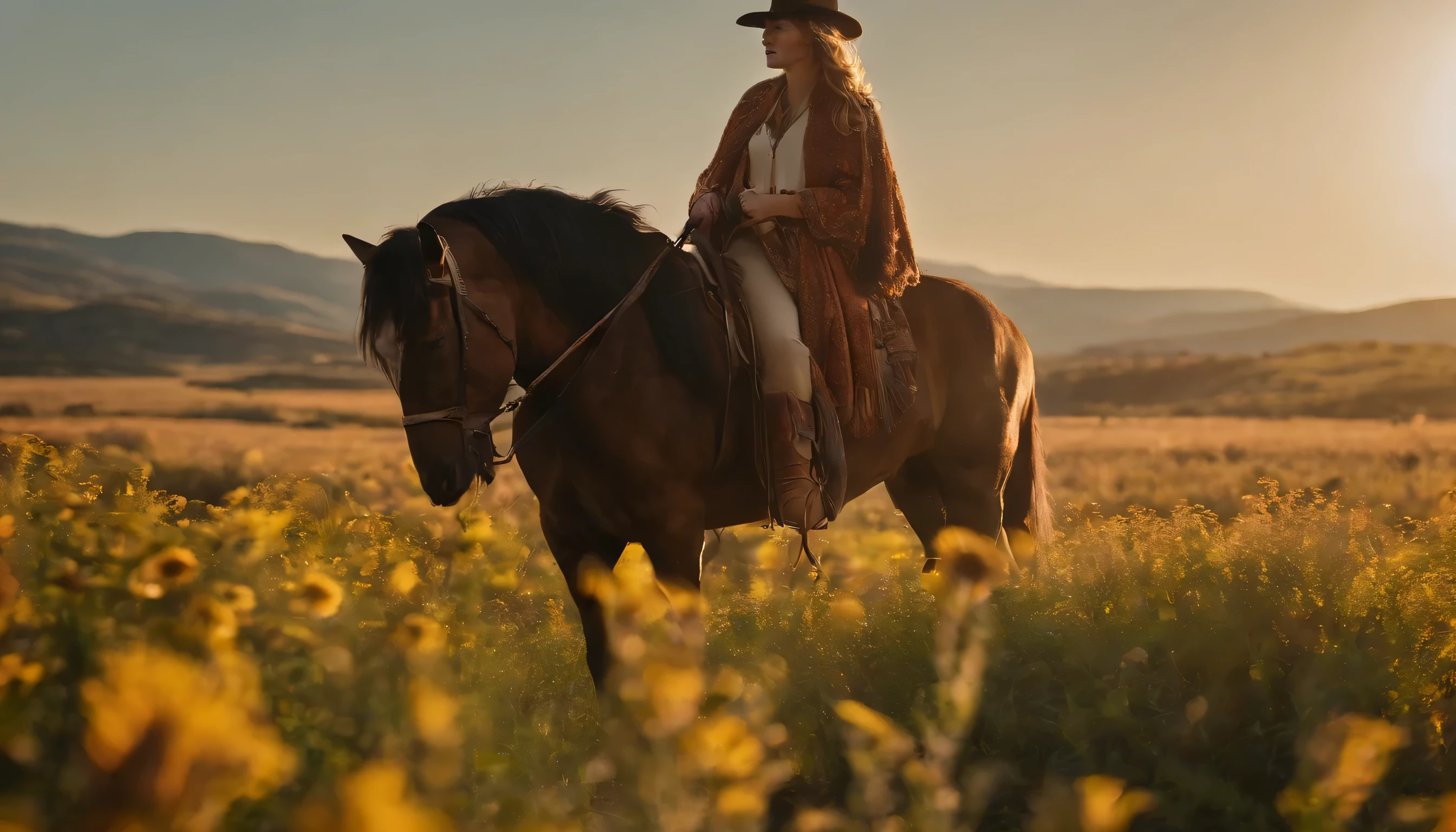a cowgirl with a beautiful detailed face and long eyelashes, detailed cowbells around her neck, detailed jerry cans on her back, intricate pastoral landscape, rolling hills, lush green meadows, vibrant wildflowers, warm sunset lighting, highly detailed, photorealistic, 8k, masterpiece, studio quality