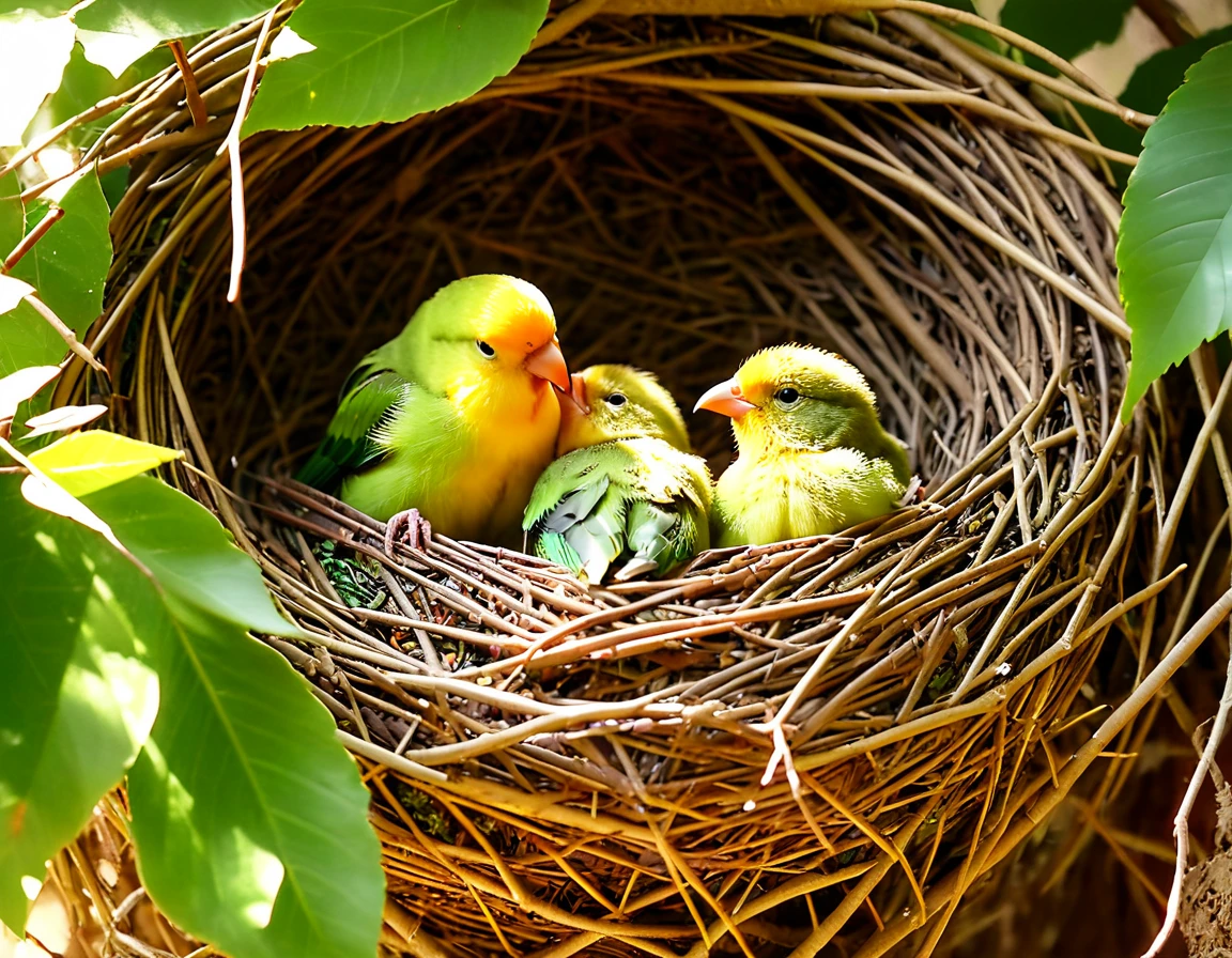 A pair of lovebirds feeding their chicks in a cozy nest made of woven twigs and leaves, sunlight filtering through the branches. 32k, full ultra hd, high resolution