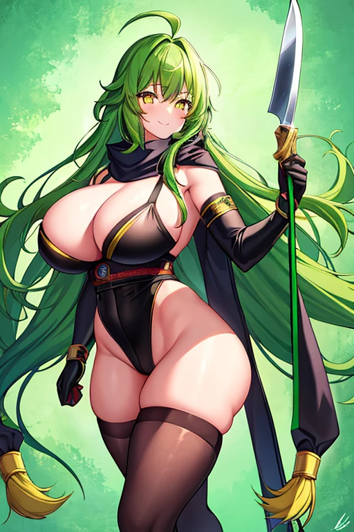 1girl, green hair, long hair, yellow eyes, light smile, glowing eyes, large , thick thighs, athletic female, toned, leotard, black leotard, thighhighs, arm strap, thigh strap, black thighhighs, belt, knife, pantyholack pantyhose, n kunoichi, scarf, robe, cape