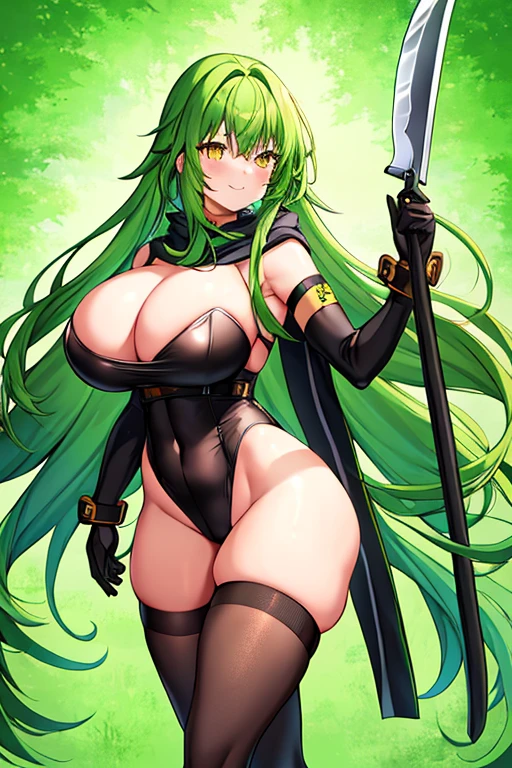 1girl, green hair, long hair, yellow eyes, light smile, glowing eyes, large , thick thighs, athletic female, toned, leotard, black leotard, thighhighs, arm strap, thigh strap, black thighhighs, belt, knife, pantyholack pantyhose, n kunoichi, scarf, robe, cape