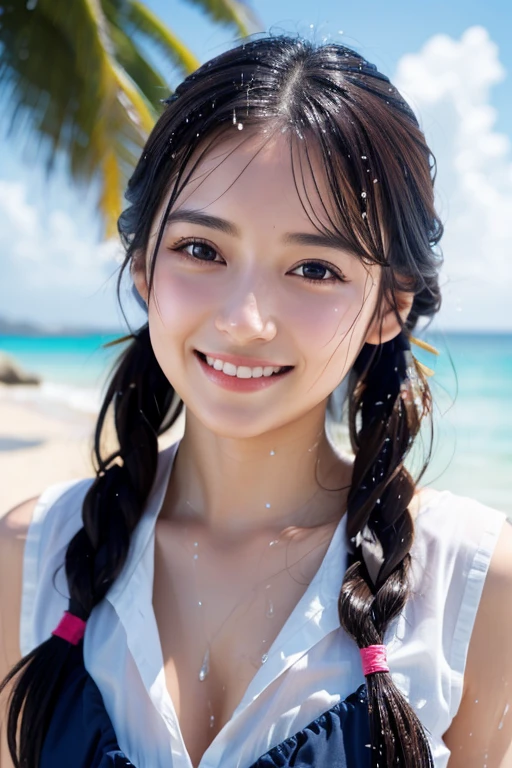 (8k), (highest quality: 1.2), (realistic), (realistic: 1.37), ultra high resolution, 1 girl, cute, smile, closed mouth, beautiful details, beautiful nose, whole body, twin tails , wet hair,beach