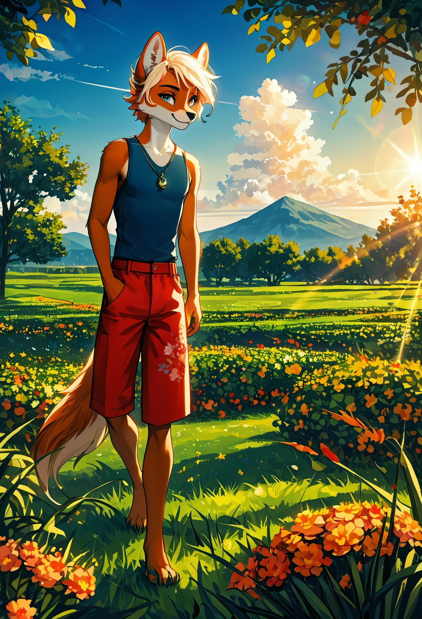 top quality, highres, High-quality illustrations, unparalleled masterpiece(movie of life)farm, Blue sky, clouds, florals Beautiful garden(furry anthro, solo, boy, casual fashion, Relux pose, Smile)absurdres, perfect anatomy, caustics, cinematic lighting, lens flare, deep shadow, dynamic angle,