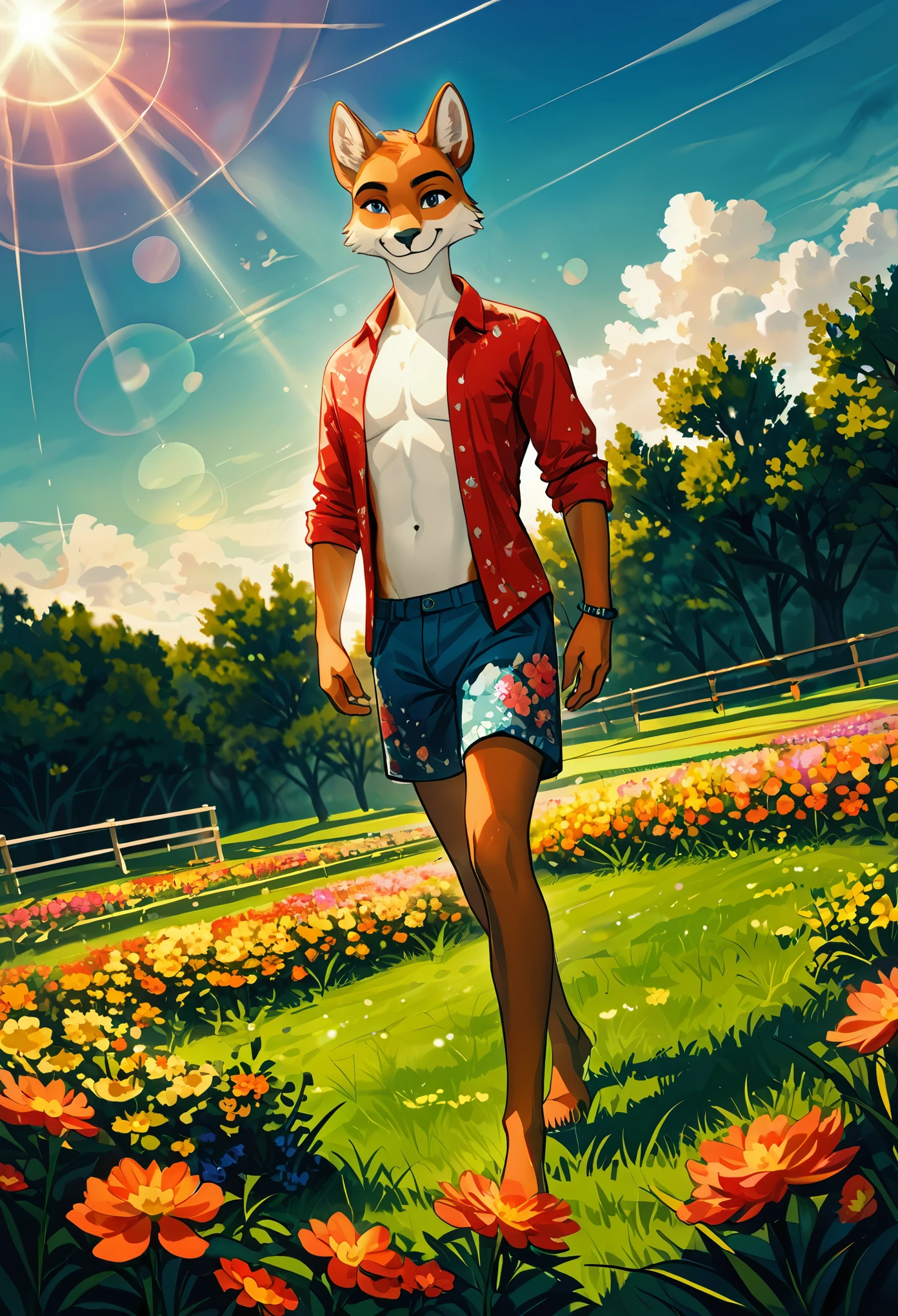 top quality, highres, High-quality illustrations, unparalleled masterpiece(movie of life)farm, Blue sky, clouds, florals Beautiful garden(furry anthro, solo, boy, casual fashion, Relux pose, Smile)absurdres, perfect anatomy, caustics, cinematic lighting, lens flare, deep shadow, dynamic angle,