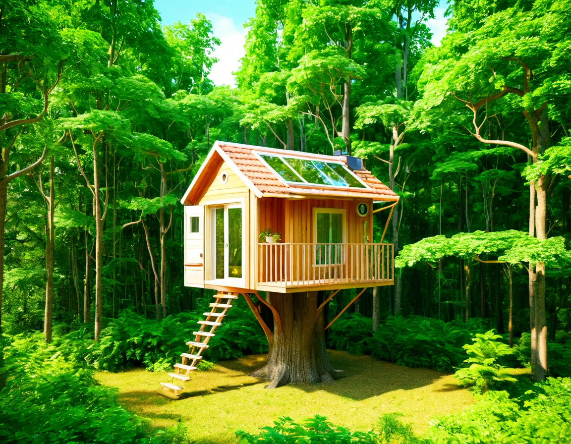 Imagine a 30 square meter house on a tree in the forest, unique style, artistic creativity, high-definition 8K rendering,