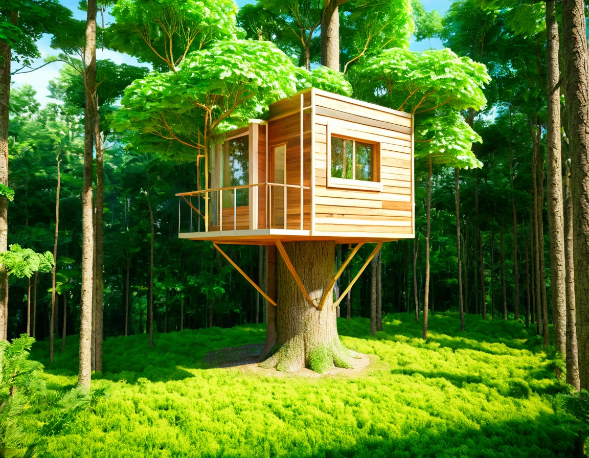 Imagine a 30 square meter house on a tree in the forest, unique style, artistic creativity, high-definition 8K rendering,