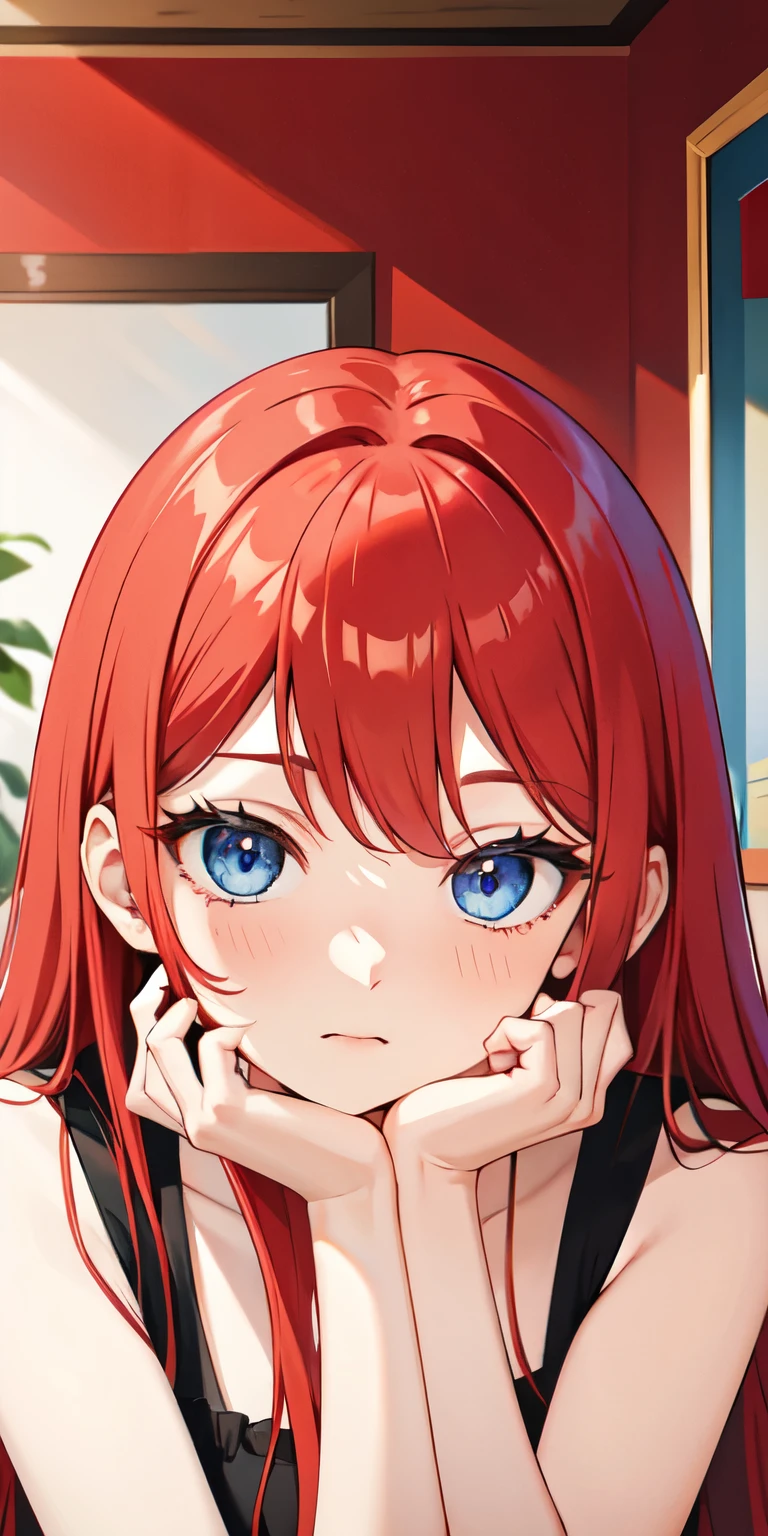 Portrait, long red coloured hair, hime haircut, blue eyes, 1girl, room background, in , nonchalant face