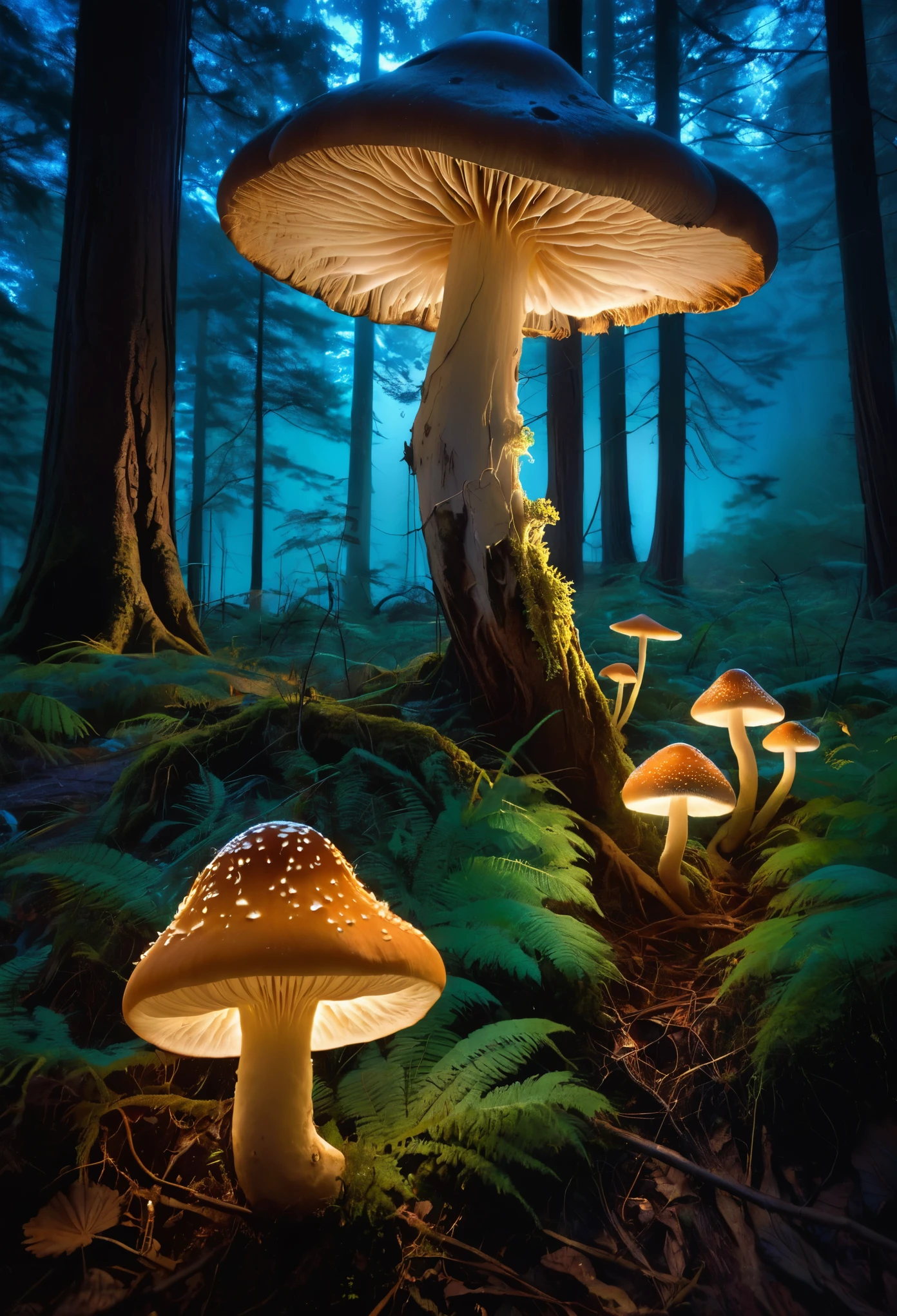 Eerie Beauty: A moonlit forest bathed in an ethereal glow, where ancient, gnarled trees twist into fantastical shapes. Wispy, bioluminescent mushrooms illuminate the forest floor, while a stack mushroom with piercing needles sprout from the shadows.