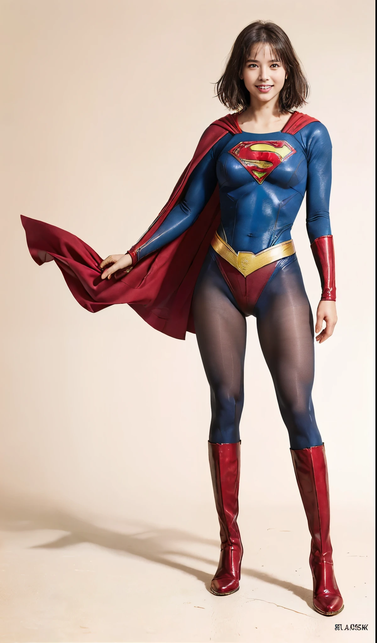 No background、(((Beautiful legs in black tights.)))、(((Legally express the beauty of your smile)))、((((Make the most of your original images)))、(((体にぴったりフィットするSupergirl Costume)))、(((Supergirl Costume)))、(((Beautiful Short Hair)))、(((She is winking cutely.)))、(((Please wear black tights....、Wear red boots)))、((Best image quality、8k))、((highest quality、8k、masterpiece:1.3))、(((Preserve background )))、Sharp focus:1.2、Beautiful woman with perfect figure:1.4、Slim Abs:1.2、Wet body:1.5、Highly detailed face and skin texture、8k