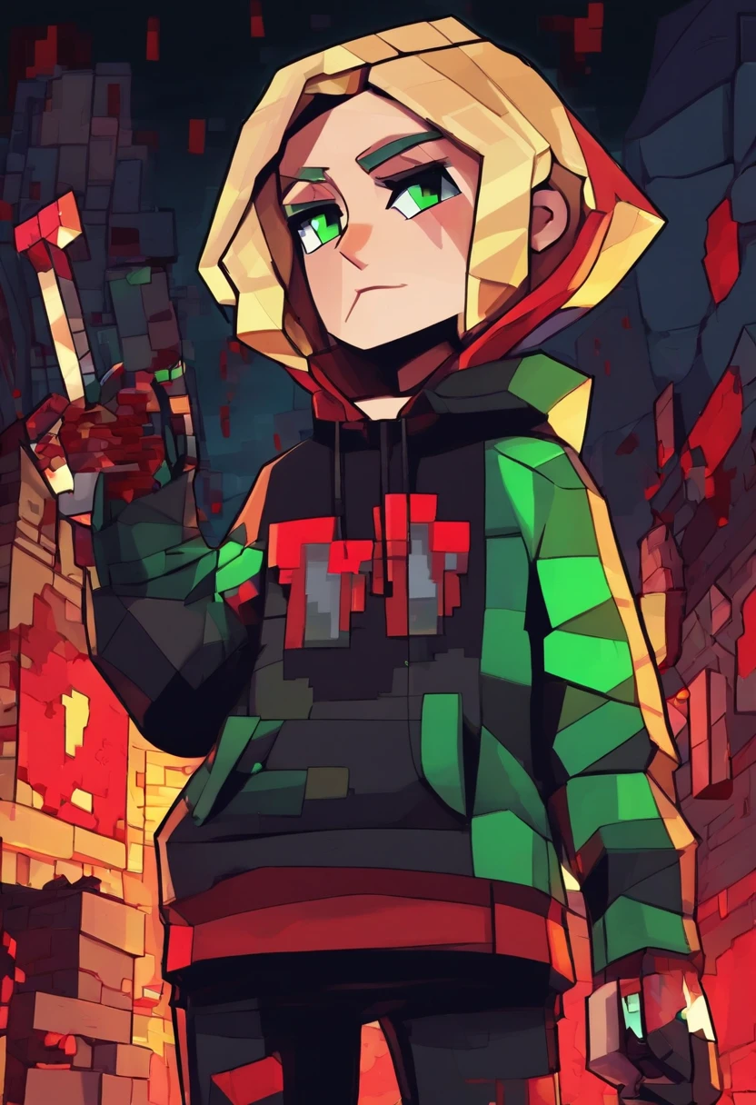 Girl with short blonde hair, green eyes, Black and red hoodie, Dark streets at night, Blood on the face