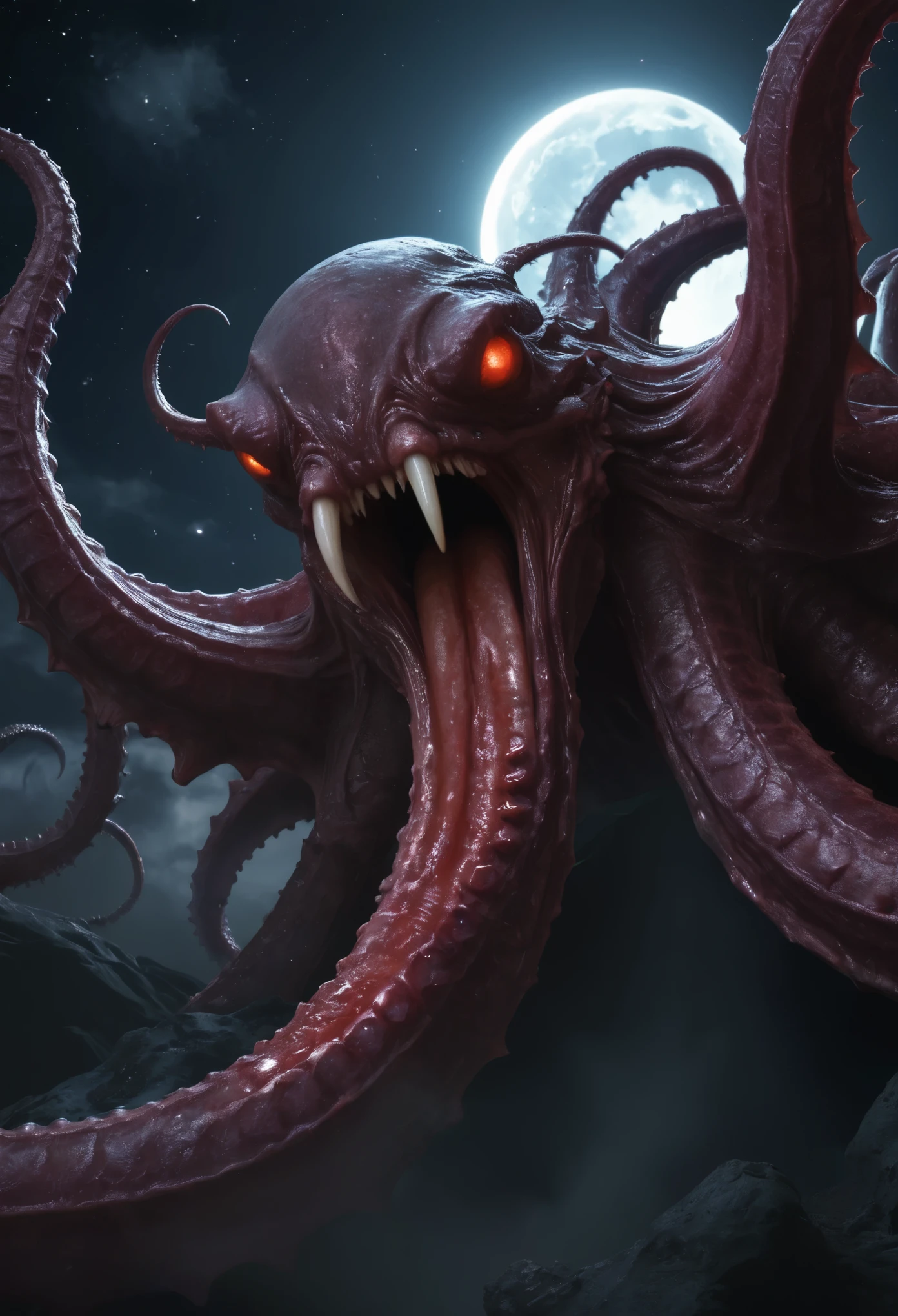 Giant octopus monster,Cthulhu in the Cthulhu Mythos,glowing light eyes,extremly high detail,High chiaroscuro,4K,unreal 5 render,Best quality at best,tmasterpiece,Rendered by Octane,Looking directly at,extremely dangerous,The huge body is shocking,spread throughout the sky,The horror of despair,The atmosphere is oppressive,The scene is very spectacular,Hero holding sword,Fight back bravely,real face