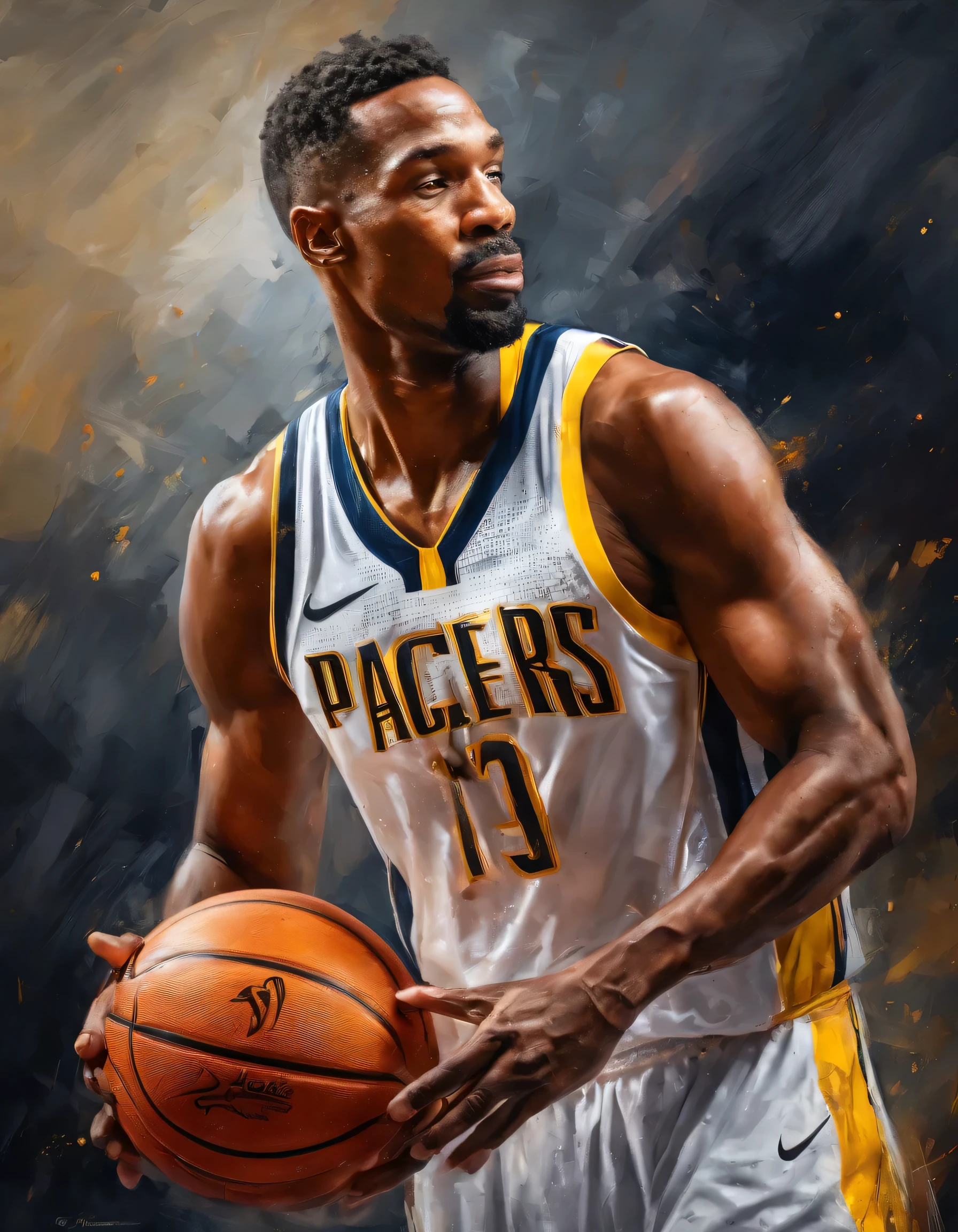 a basketball player in a pacers uniform, holding a basketball, disappointment on his face, close-up shot, (best quality,4k,8k,highres,masterpiece:1.2),ultra-detailed,(realistic,photorealistic,photo-realistic:1.37),professional sports photography,dramatic lighting,moody colors
