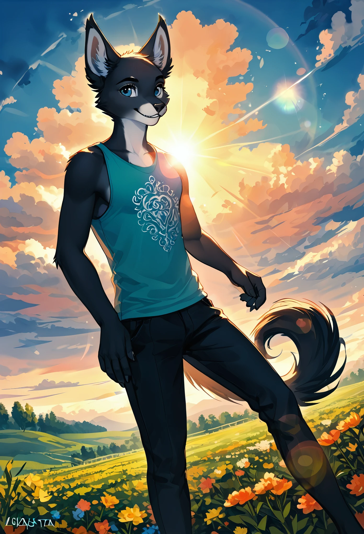 top quality, highres, High-quality illustrations, unparalleled masterpiece(movie of life)farm, Blue sky, clouds, florals Beautiful garden(furry anthro, solo, boy, casual fashion, Relux pose, Smile)absurdres, perfect anatomy, caustics, cinematic lighting, lens flare, deep shadow, dynamic angle,