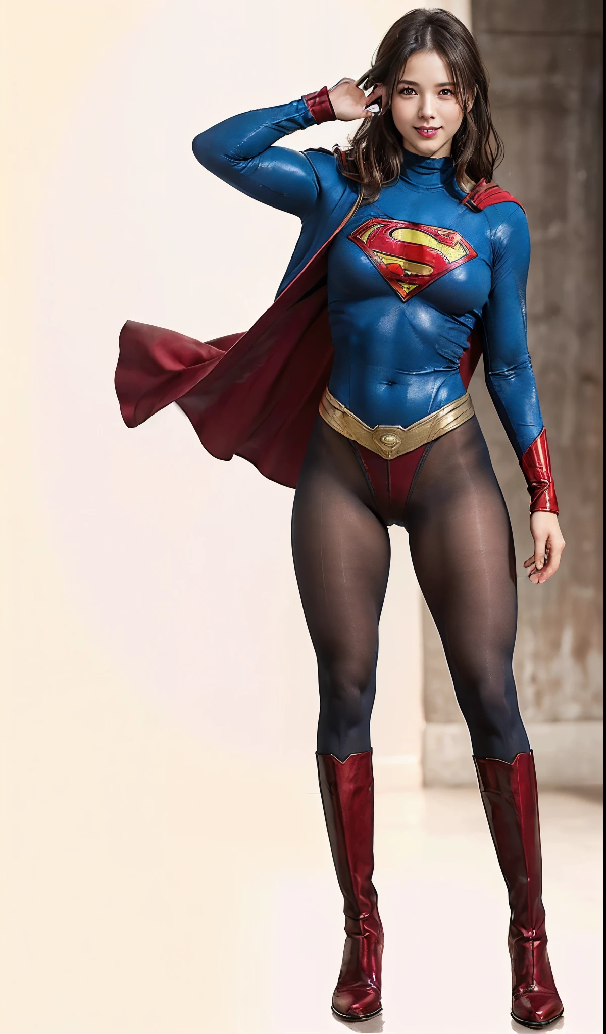 No background、(((Beautiful legs in black tights.)))、(((Legally express the beauty of your smile)))、((((Make the most of your original images)))、(((体にぴったりフィットするSupergirl Costume)))、(((Supergirl Costume)))、(((Beautiful hairstyle)))、(((She is winking cutely.)))、(((Please wear black tights....、Wear red boots)))、((Best image quality、8k))、((highest quality、8k、masterpiece:1.3))、(((Preserve background )))、Sharp focus:1.2、Beautiful woman with perfect figure:1.4、Slim Abs:1.2、Wet body:1.5、Highly detailed face and skin texture、8k