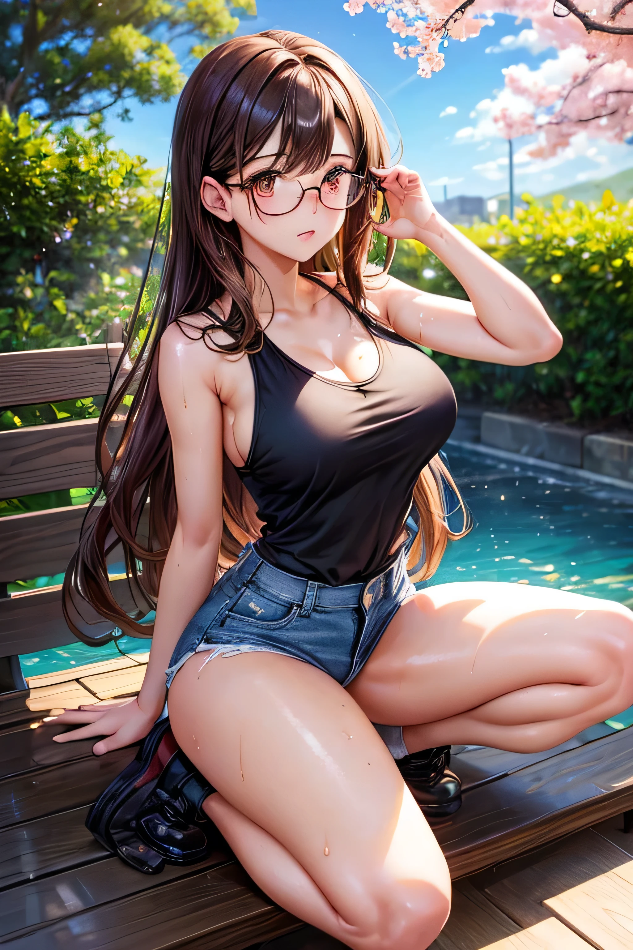 (Very detailed, 最high quality, Anatomically perfect body),High resolution, high quality, One girl, Anime Girls,Brown long hair, Brown eyes, Green glasses,heart shaped pupils,Sunburned skin, Large Breasts,beautiful breasts,pointy breasts,(Big Ass),beautiful ass,Embarrassed,Tank Top,jeans,lower body,sweat,wet,sitting,(open legs),cherryblossom,at cafe,(ice tea),(water),
