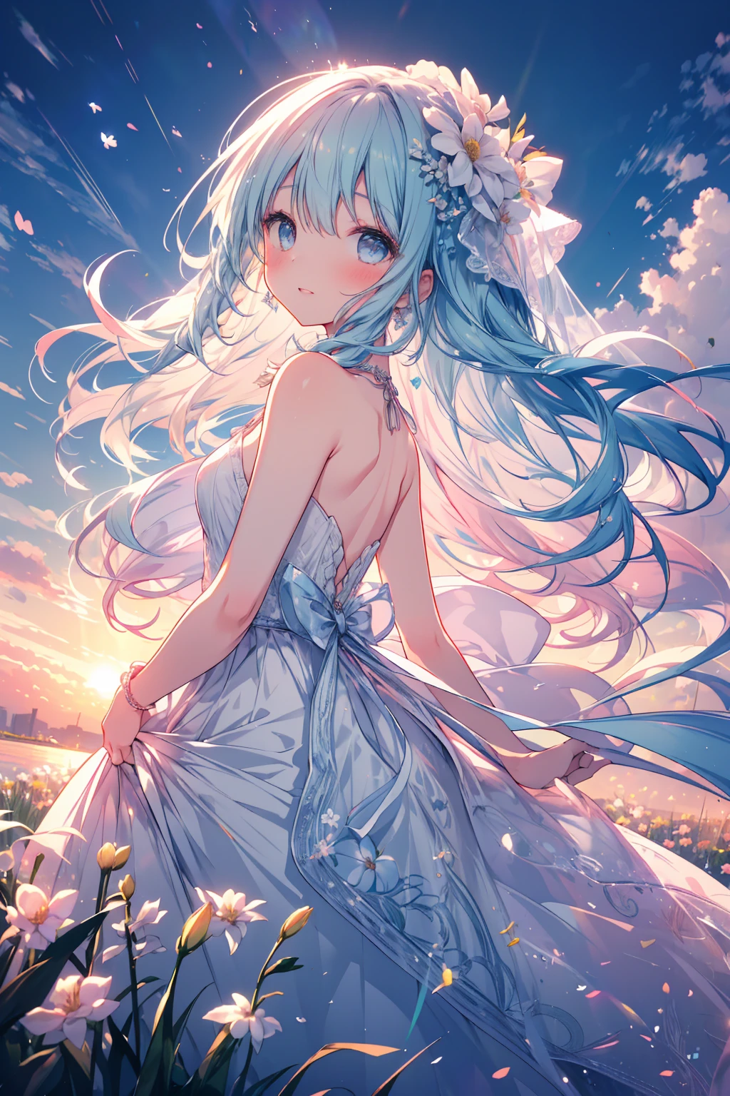 masterpiece, best quality, extremely detailed, (illustration, official art: 1.1), 1 girl, (((light blue long hair))), light blue hair, 10 years old, long hair ((blush)), cute face, big eyes, masterpiece, best quality, (((a very delicate and beautiful girl)))), amazing, beautiful detailed eyes, blunt bangs (((little delicate girl)))), tareme .(true beautiful: 1.2), sense of depth, dynamic angle,,, affectionate smile, ???, (8K, HDR, highres), (((photography, RAW photo, hyperrealism, masterpiece, best quality, ultra highres))), (pin light, back light, backlighting, cinematic light), sharp focus: 1. 4, (hyper detail, detailed), full body,1girl, in a field of reeds where the wind blows as the sun sets, there stands a girl in a wedding dress The dress is a flowing white gown that catches the breeze and dances with the wind. The girl's light blue hair is loose and tousled, and she holds a bouquet of wildflowers in her hands. As the sun sets behind her, casting a warm golden light over the field, she stands tall and serene, like a vision of beauty and grace, oval face,  small and pretty but plump lips, 