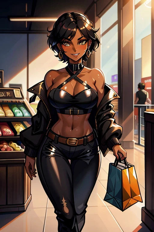 8K, (best quality:1.3), (masterpiece:1.3), (detailed:1.2), ultra high res, colorful, extremely detailed eyes and face, beautiful detailed eyes, 1girl, solo, (26 year old:1.3), (Filipino Woman:1.3), (tanned bronze skin:1.4), (short black hair:1.3), (Amber eyes:1.02), (Detailed face:0.97, (Detailed eyes:1.09), (Mascara:1.02), (Earrings:1.06), (tanned bronze skin:1.08), (Wearing: Opened Black Jacket, Strapless Orange tube top, black leather pants, belt:1.2), (exposed shoulders:0.9), (midriff), (agile physique:1.1), (Character Focus),Perfect Anatomy,(Professional Lighting), Looking at Viewer,(Walking), (Smiling),blush,(super detailed skin), (Parted lips:1.1),(Glossy lips),(lip stick), (Ideal ratio body proportions:1.1), (Holding shopping bags), (Background: indoors, shopping mall), full body,
