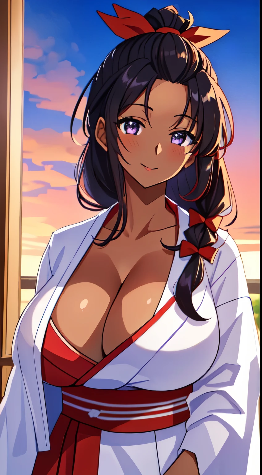 masterpiece, best quality, anime Illustration, 4k, 1 girl, solo, standing, long hair, black hair, violet eyes, high ponytail, red hair ribbon, red ribbon, red hakama and white kimono, big breasts, huge breasts, cleavage, open kimono, breasts out, looking_at_viewer, motherly smile, kind, tilting head, upper_body, dark skin, ((Village background:1.0)), ((dark skin: 1.5)), , ((parted bangs: 1.4)), parted bangs, large forehead, purple eyes, red hakama,