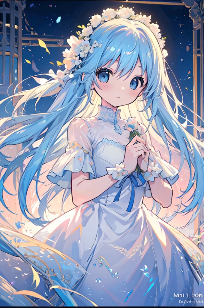 masterpiece, best quality, extremely detailed, (illustration, official art: 1.1), 1 girl, (((light blue long hair))), light blue hair, 10 years old, long hair ((blush)), cute face, big eyes, masterpiece, best quality, (((a very delicate and beautiful girl)))), amazing, beautiful detailed eyes, blunt bangs (((little delicate girl)))), tareme .(true beautiful: 1.2), sense of depth, dynamic angle,,, affectionate smile, ???, (8K, HDR, highres), (((photography, RAW photo, hyperrealism, masterpiece, best quality, ultra highres))), (pin light, back light, backlighting, cinematic light), sharp focus: 1. 4, (hyper detail, detailed), full body,1girl, in a field of reeds where the wind blows as the sun sets, there stands a girl in a wedding dress The dress is a flowing white gown that catches the breeze and dances with the wind. The girl's light blue hair is loose and tousled, and she holds a bouquet of wildflowers in her hands. As the sun sets behind her, casting a warm golden light over the field, she stands tall and serene, like a vision of beauty and grace, oval face,  small and pretty but plump lips, 