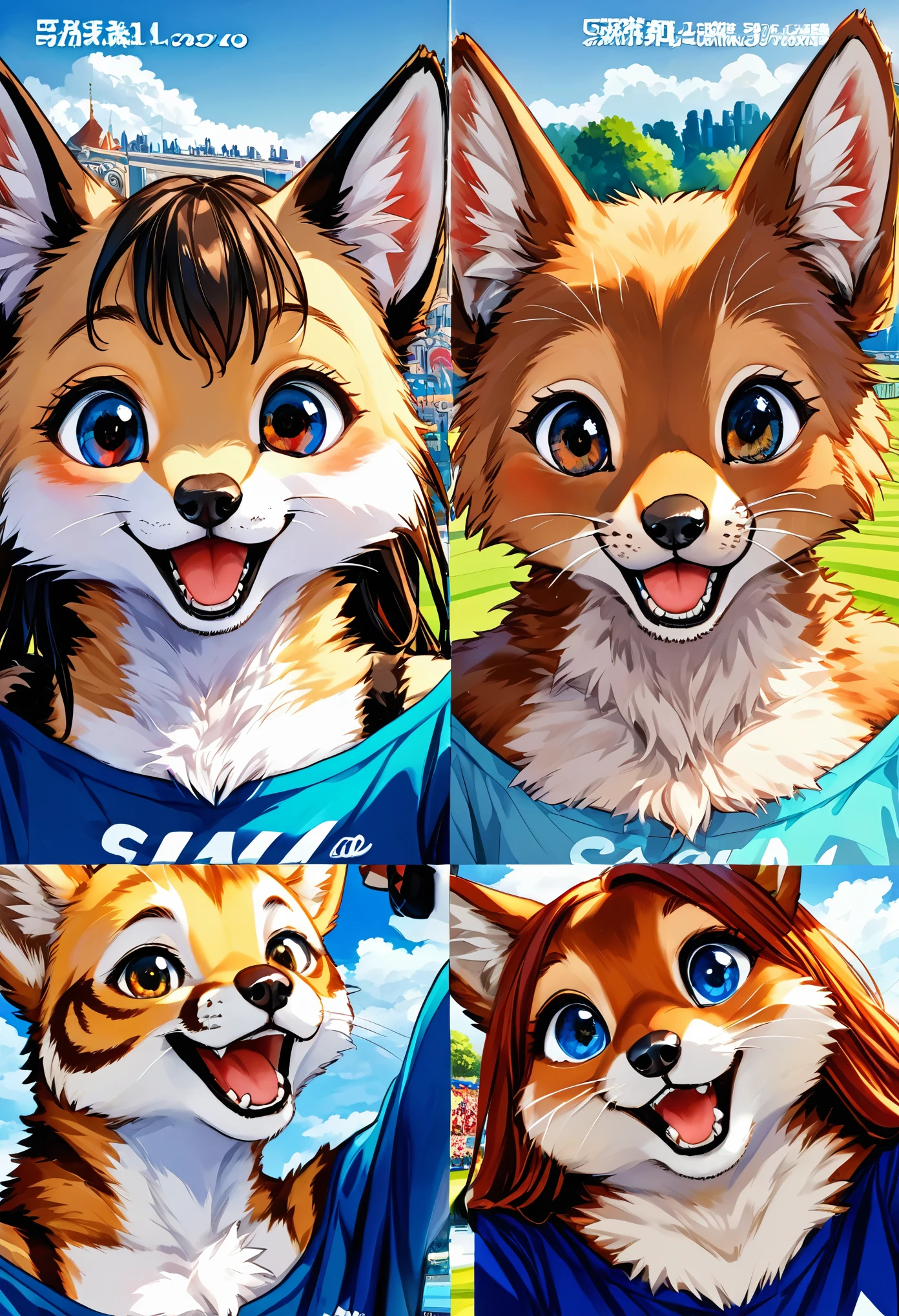 top quality, best quality, High-quality illustrations, masterpiece, super high resolution, detailed background, detailed background, An amusement park, Disneyland, group shot:0.5, Happy, joyful, absurdres(highly detailed beautiful face and eyes)perfect anatomy(Photos taken with friends)(kemono, furry anthro)selfie:0.5,