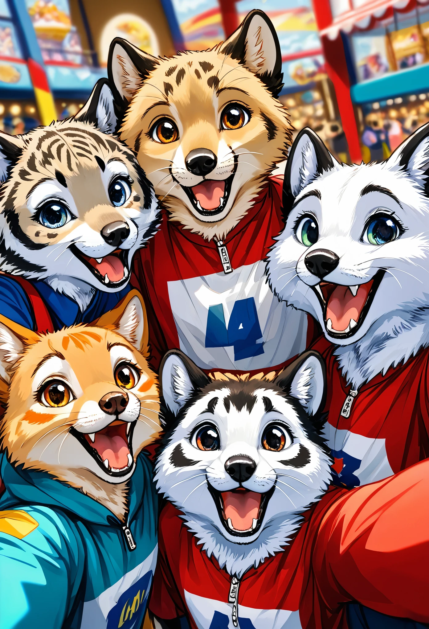 top quality, best quality, High-quality illustrations, masterpiece, super high resolution, detailed background, detailed background, An amusement park, Disneyland, group shot:0.5, Happy, joyful, absurdres(highly detailed beautiful face and eyes)perfect anatomy(Photos taken with friends)(kemono, furry anthro)selfie:0.5,