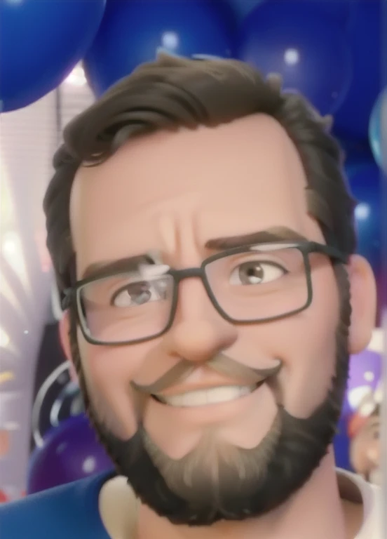 man with small beard, smiling, wearing glasses, with birthday balloons in the background.
