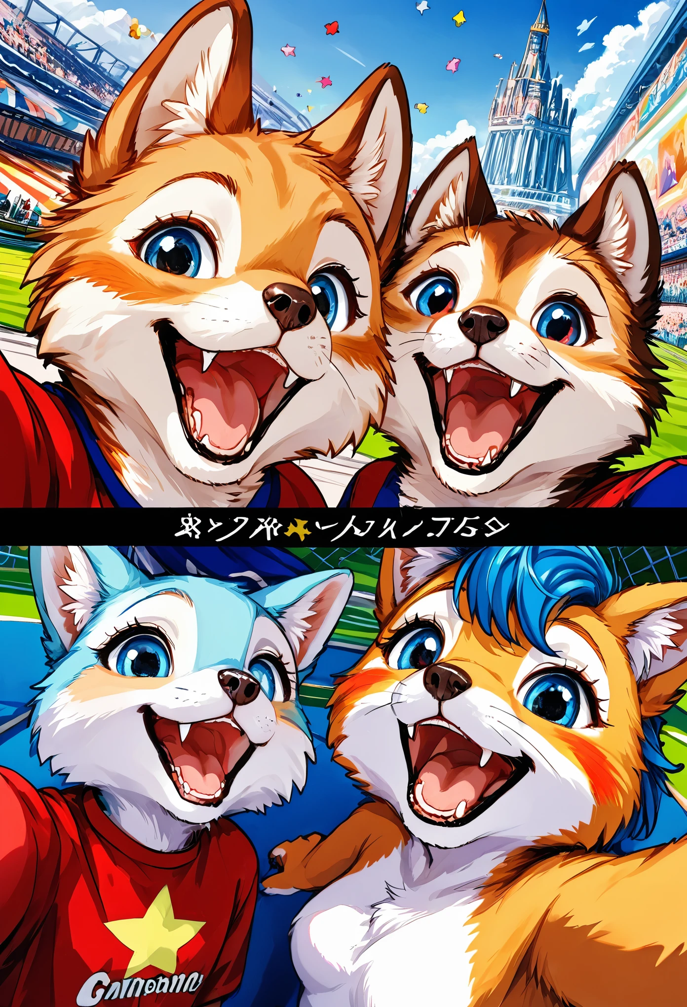 top quality, best quality, High-quality illustrations, masterpiece, super high resolution, detailed background, detailed background, An amusement park, Disneyland, group shot:0.5, Happy, joyful, absurdres(highly detailed beautiful face and eyes)perfect anatomy(Photos taken with friends)(kemono, furry anthro)selfie:0.5,