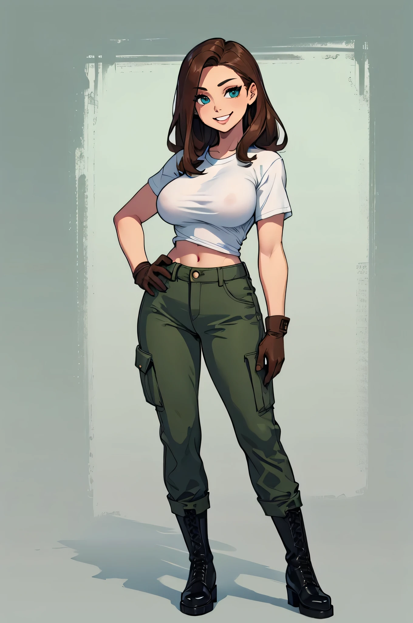 green solid background, 1 woman, best quality, ultra high res, long hair, full lips, brown hair, blue eyes, military cargo pants, cropped white t-shirt, short sleeves, smiling at viewers, wearing brown gloves, wearing black combat boots, double D breast, standing, full body