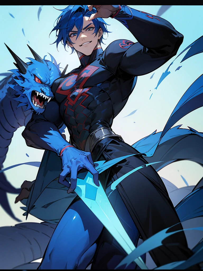 Humanoid blue dragon as a male DC super villain