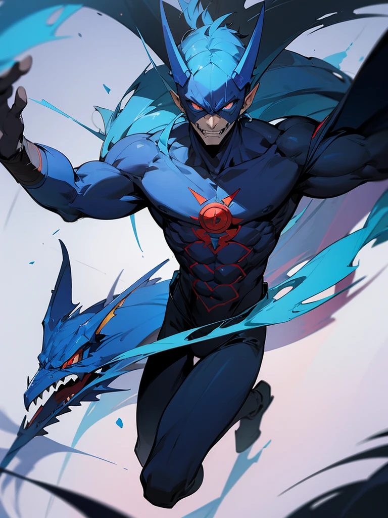 Humanoid blue dragon as a male DC super villain