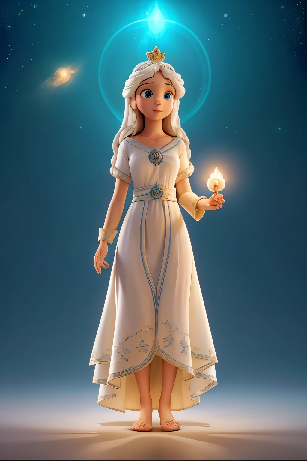 Create an enchanting scene featuring the Sacred Heart of Jesus and the Immaculate Conception in a Disney-inspired style. On the left, portray Jesus with a compassionate and kind expression, wearing a flowing robe, and showing his glowing Sacred Heart, surrounded by soft, radiant light. On the right, depict the Immaculate Conception as a young woman with a serene and gentle face, dressed in a flowing white or light blue gown, standing on a crescent moon. She has a halo of twelve stars around her head and is gently stepping on a serpent. Both figures are bathed in a magical, celestial light, with whimsical, angelic creatures around them, creating a harmonious and divine atmosphere.