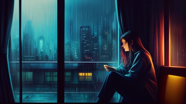 a woman sitting on a coach in front of a window cityscape, a digital painting inspired by Alena Aenami, pixiv, realism, rainy night. digital illustration, blurred and dreamy illustration, blues, blurry and dreamy illustration, artistic. lo-fi illustration style
