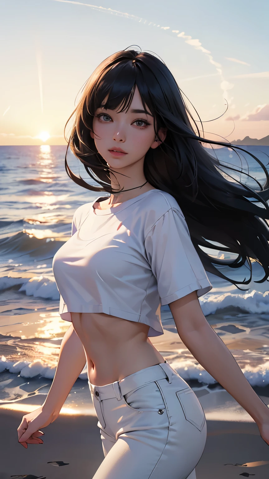 (logo、masterpiece、8k、Tabletop、RAW Photos、wonderful、最high quality、Photorealistic and Very detailed CG integrated 8k wallpaper、high quality、Very detailed、Narrative poem、Particle Effects、Dynamic Effects、Written boundary depth、Cinematic Light、Lens flare、Ray Tracing)、Fantasy、 (One beautiful woman、White pants、White T-shirt、White tube top、White crop top、Black-haired、Beautiful Face、True Face、Beautiful details、eye、Beautiful Skin、Ultimate Body、glamorous)、私の髪はWindに舞う、Hair flutters in Wind、Hair bounces、Seaside、wonderful景色、Coastal、sunrise、Sun in the background、Wind、Beach