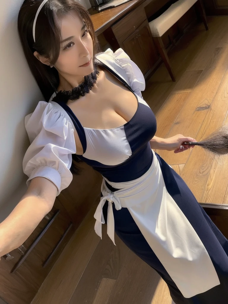 (masterpiece:1.5),(highest quality:1.5),(Highest quality:1.5),(8K:1.5),(Watching the audience),Big Breasts,Slender,Narrow waist,Beautiful and thin legs,Beautiful Japanese mature woman in her 50s,(Classic maid clothes:1.3)