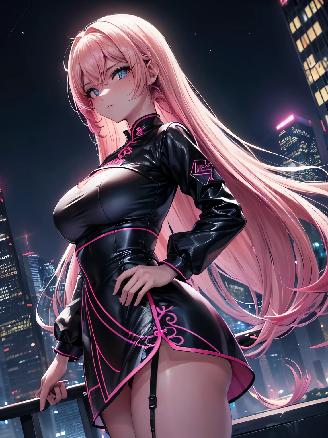 anime, (obra de arte, melhor qualidade, ultra-detalhado, Alto contraste), 1 mulher (sozinho, corpo todo, corpo plus size, standing on the edge of the skyscraper, cabelo prateado, LONGO em um rabo de cavalo, olhos vermelhos, olhos perfeitos brilhos de rubi, (qipao preto simples, black cybernetics with neon pink), Meias pretas transparentes), (skyscraper roof, com vista para uma cidade, fundo detalhado ((Night time, darkness, low light pollution)))