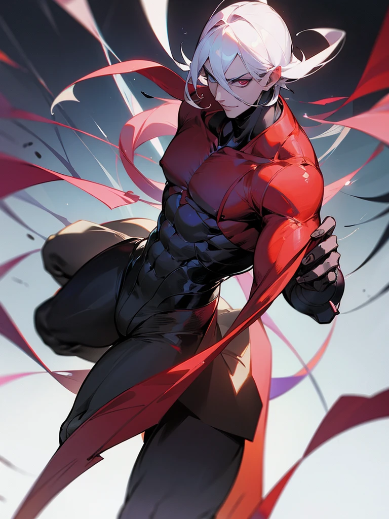, handsome and attractive, bodybuilder, muscular, long white hair, eyes with black sclera and red irises, black demon horns, super tight long-sleeved training shirt made of black latex that stands out his muscles, super fitted black ankle-length neoprene pants that highlight his muscles, giant testicles and penis that reach his knees, bare feet, full body view, anime