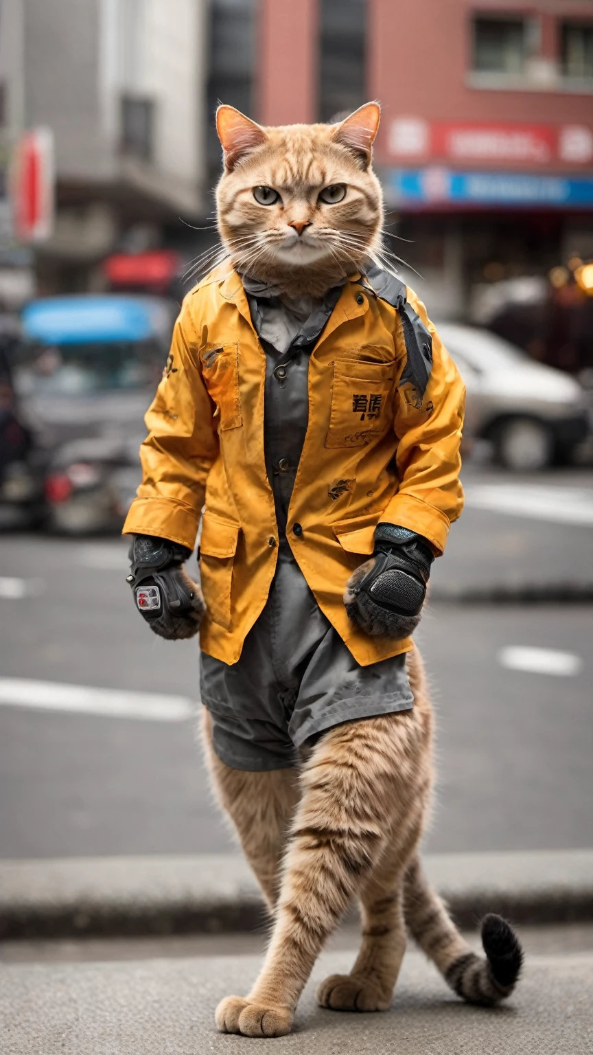 This cat is an MMA fighter. It stands and walks in a unique manner, akin to a professional walker. Clad in sturdy workwear, each step it takes is firm and resolute, as if declaring a challenge to the city. Its boots are its trademark, as it opts for stylish footwear to stand out in the urban landscape. Striding through the bustling city streets, it faces challenges head-on, exuding an air of confidence and courage. This cat is a unique star in the urban setting, attracting numerous onlookers, not just for its distinctive attire but also for its unwavering determination and personality,creating a super cute image that combines style with cuteness,Leonardo Style,detailmaster2