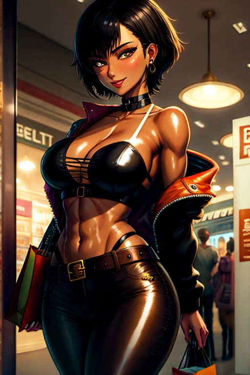 8K, (best quality:1.3), (masterpiece:1.3), (detailed:1.2), ultra high res, colorful, extremely detailed eyes and face, beautiful detailed eyes, 1girl, solo, (26 year old:1.3), (Filipino Woman:1.3), (tanned bronze skin:1.4), (short black hair:1.3), (Amber eyes:1.02), (Detailed face:0.97, (Detailed eyes:1.09), (Mascara:1.02), (Earrings:1.06), (tanned bronze skin:1.08), (Wearing: Opened Black Jacket, Strapless Orange tube top, black leather pants, belt:1.2), (exposed shoulders:0.9), (midriff), (agile physique:1.1), (Character Focus),Perfect Anatomy,(Professional Lighting), Looking at Viewer,(Walking), (Smiling),blush,(super detailed skin), (Parted lips:1.1),(Glossy lips),(lip stick), (Ideal ratio body proportions:1.1), (Holding shopping bags), (Background: indoors, shopping mall), full body,