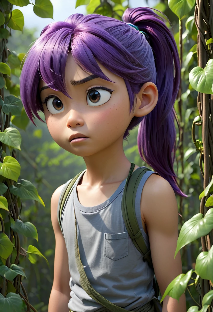 Japanese boy, purple hair in a ponytail, blue collar, gray tank top, tied up in vines, forced to move to free himself, suffocating, 3d Pixar, (best quality, 4k, 8k, HD resolution, Masterpiece: 1.2), highly detailed, (realistic, photorealistic, photorealistic: 1.37), jungle, tying and tying up in vines, bright colors, studio lighting