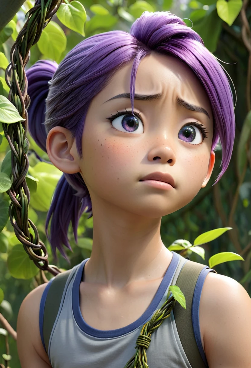  Japanese boy, purple hair in a ponytail, blue collar, gray tank top, tied up in vines, forced to move to free himself, suffocating, 3d Pixar, (best quality, 4k, 8k, HD resolution, Masterpiece: 1.2), highly detailed, (realistic, photorealistic, photorealistic: 1.37), jungle, tying and tying up in vines, bright colors, studio lighting