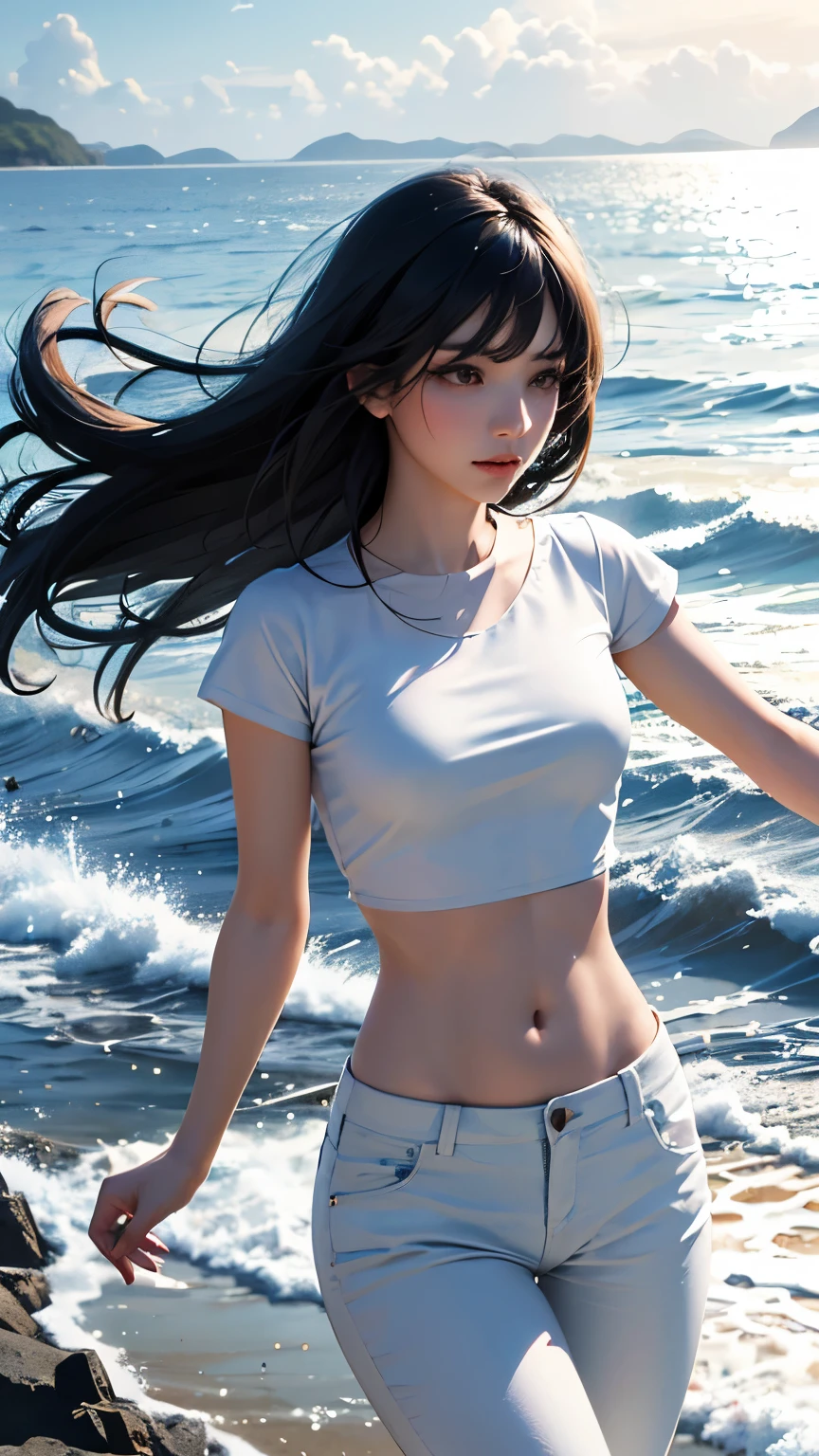 (logo、masterpiece、8k、Tabletop、RAW Photos、wonderful、最high quality、Photorealistic and Very detailed CG integrated 8k wallpaper、high quality、Very detailed、Narrative poem、Particle Effects、Dynamic Effects、Written boundary depth、Cinematic Light、Lens flare、Ray Tracing)、Fantasy、 (One beautiful woman、White pants、White T-shirt、White tube top、White crop top、Black-haired、Beautiful Face、True Face、Beautiful details、eye、Beautiful Skin、Ultimate Body、glamorous)、私の髪はWindに舞う、Hair flutters in Wind、Hair bounces、Seaside、wonderful景色、Coastal、sunrise、Sun in the background、Wind、Beach