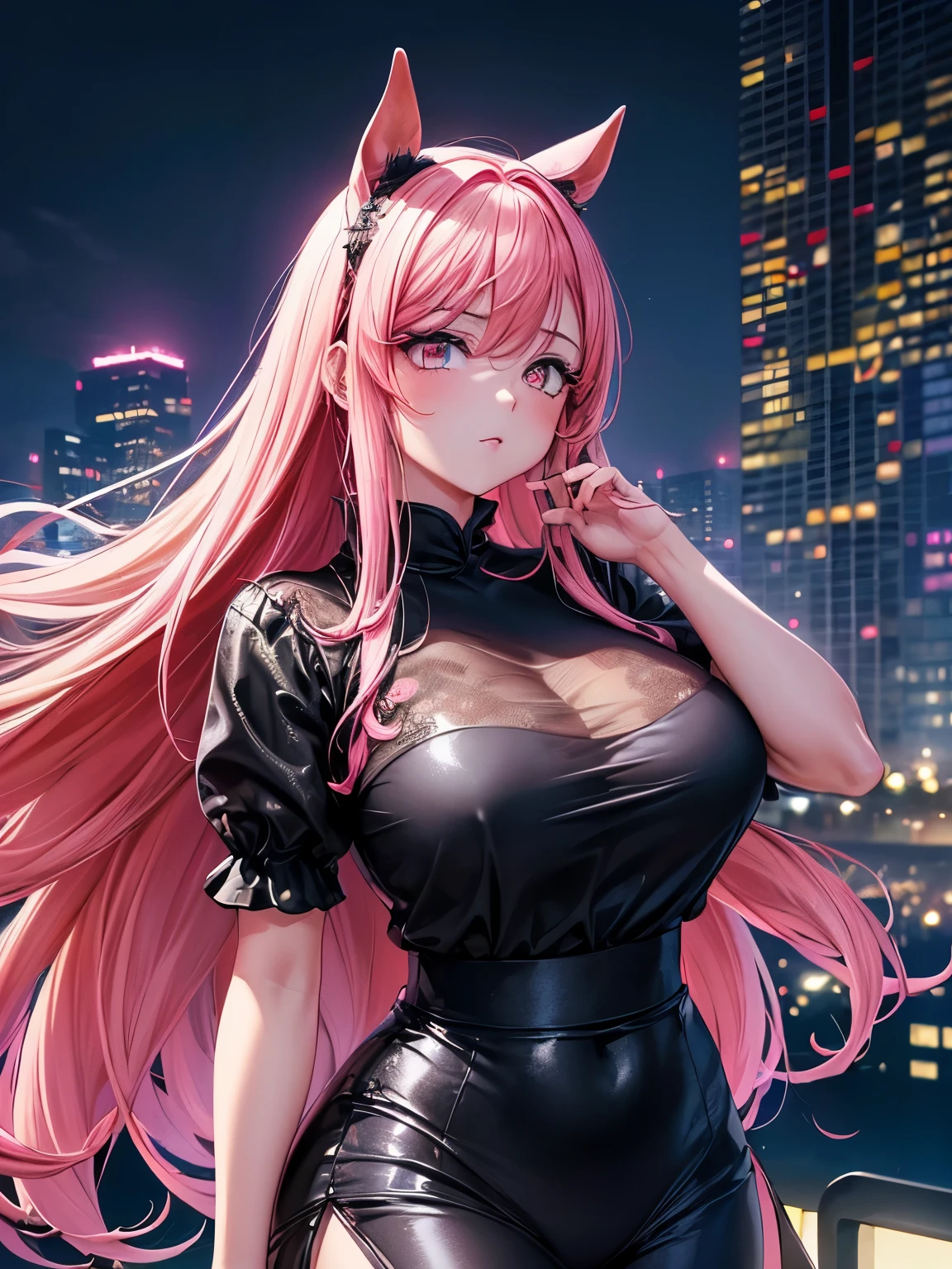 anime, (obra de arte, melhor qualidade, ultra-detalhado, Alto contraste), 1 mulher (sozinho, corpo todo, corpo plus size, standing on the edge of the skyscraper, cabelo prateado, LONGO em um rabo de cavalo, olhos vermelhos, olhos perfeitos brilhos de rubi, (qipao preto simples, black cybernetics with neon pink), Meias pretas transparentes), (skyscraper roof, com vista para uma cidade, fundo detalhado ((Night time, darkness, low light pollution)))