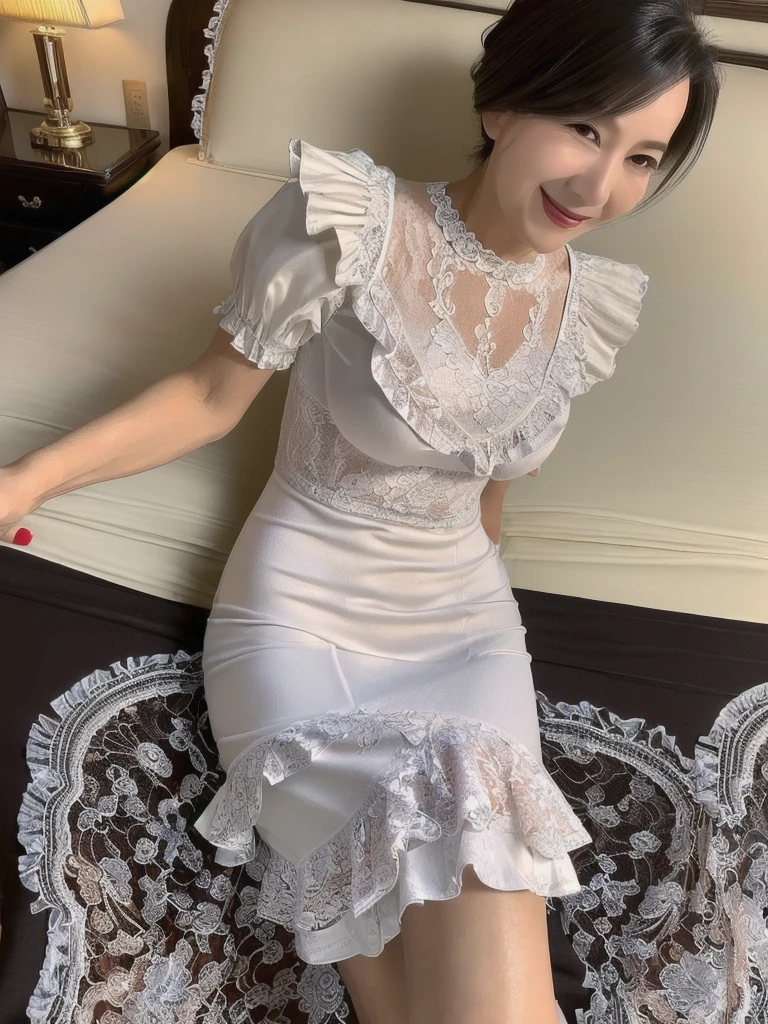 (masterpiece:1.5),(highest quality:1.5),(Highest quality:1.5),(8K:1.5),(Looking at this),(Big Breasts:1.2),Slender,Narrow waist,Beautiful and thin legs,smile,Beautiful Japanese mature woman in her 50s,(A tight classic maid outfit with lace and frills:1.3)