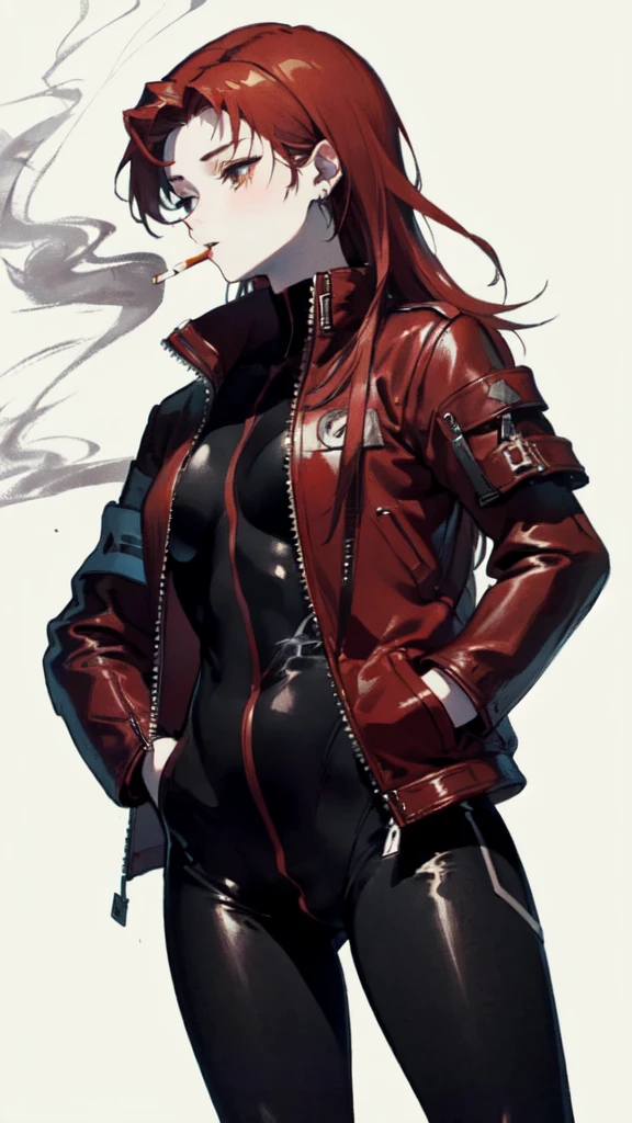 (best art :1.3),
white skin,red hair,(1 stacked girl smoking a cigarette,hands in pockets,smoking,Gebura,smoking,cigarette,black bodysuit, red jacket,:1.3),tall,perfect hands,perfect fingers, 
ultra high res, masterpiece, best quality,
