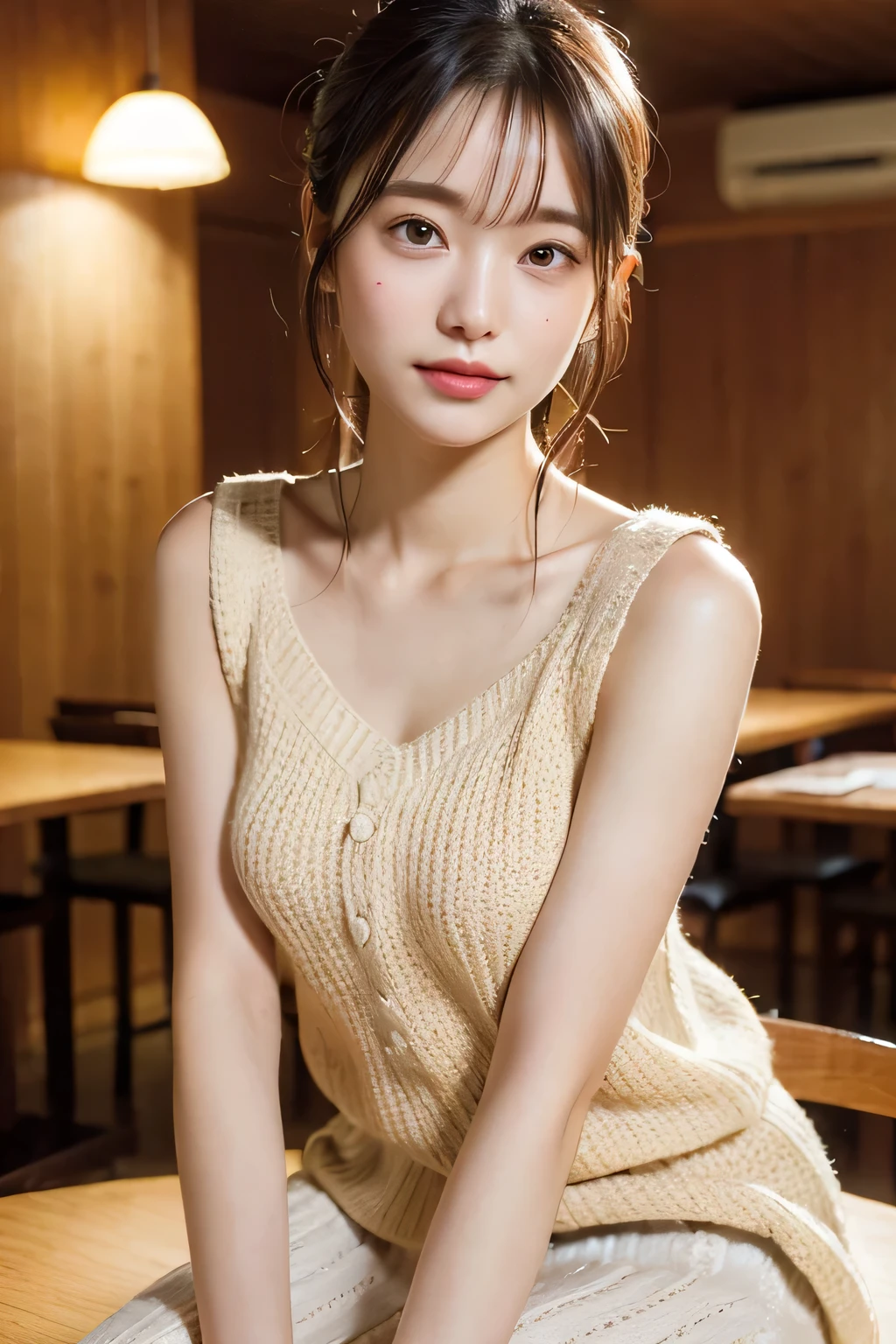 (natta:1.7), East Asian Architecture, 1womanl, sixteen years old、Colossal tits Beautiful shiny straight semi-long、Beautiful fingers,Beautiful long legs,Beauty Body,Cute nose,Beautiful character design,perfect eyes,face perfect,looking at viewert,(Innocent_Big_Eyes:1.0),(light_Smile:0.3),offcial art,ighly detailed ,(tmasterpiece:1.0),(best_quality:1.0), 超A high resolution,4K,ultra - detailed, photography of, 8K, nffsw, hight resolution, the background is blurred, (Beautiful_Face:1.5),(8K,Raw photo, 、Relax at a ryokan in Japan、(The background is a café restaurant at night:1.3),(White tank top&White Beige Shoulder Length Knit Cardigan、Plaid Flared Micro Mini Skirt:1.3),(Colossal tits) Backgrounds with depth Three-dimensional feeling ((White Beige Knitted Camisole、Thin string:1.4)) Beautiful large breast (Sitting leaning forward with your chest proudly on the table:1.3)