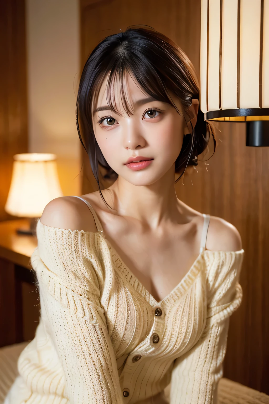 (natta:1.7), East Asian Architecture, 1womanl, sixteen years old、Colossal tits Beautiful shiny straight semi-long、Beautiful fingers,Beautiful long legs,Beauty Body,Cute nose,Beautiful character design,perfect eyes,face perfect,looking at viewert,(Innocent_Big_Eyes:1.0),(light_Smile:0.3),offcial art,ighly detailed ,(tmasterpiece:1.0),(best_quality:1.0), 超A high resolution,4K,ultra - detailed, photography of, 8K, nffsw, hight resolution, the background is blurred, (Beautiful_Face:1.5),(8K,Raw photo, 、Relax at a ryokan in Japan、(The background is a café restaurant at night:1.3),(White tank top&White Beige Shoulder Length Knit Cardigan、Plaid Flared Micro Mini Skirt:1.3),(Colossal tits) Backgrounds with depth Three-dimensional feeling ((White Beige Knitted Camisole、Thin string:1.4)) Beautiful large breast (Sitting leaning forward with your chest proudly on the table:1.3)
