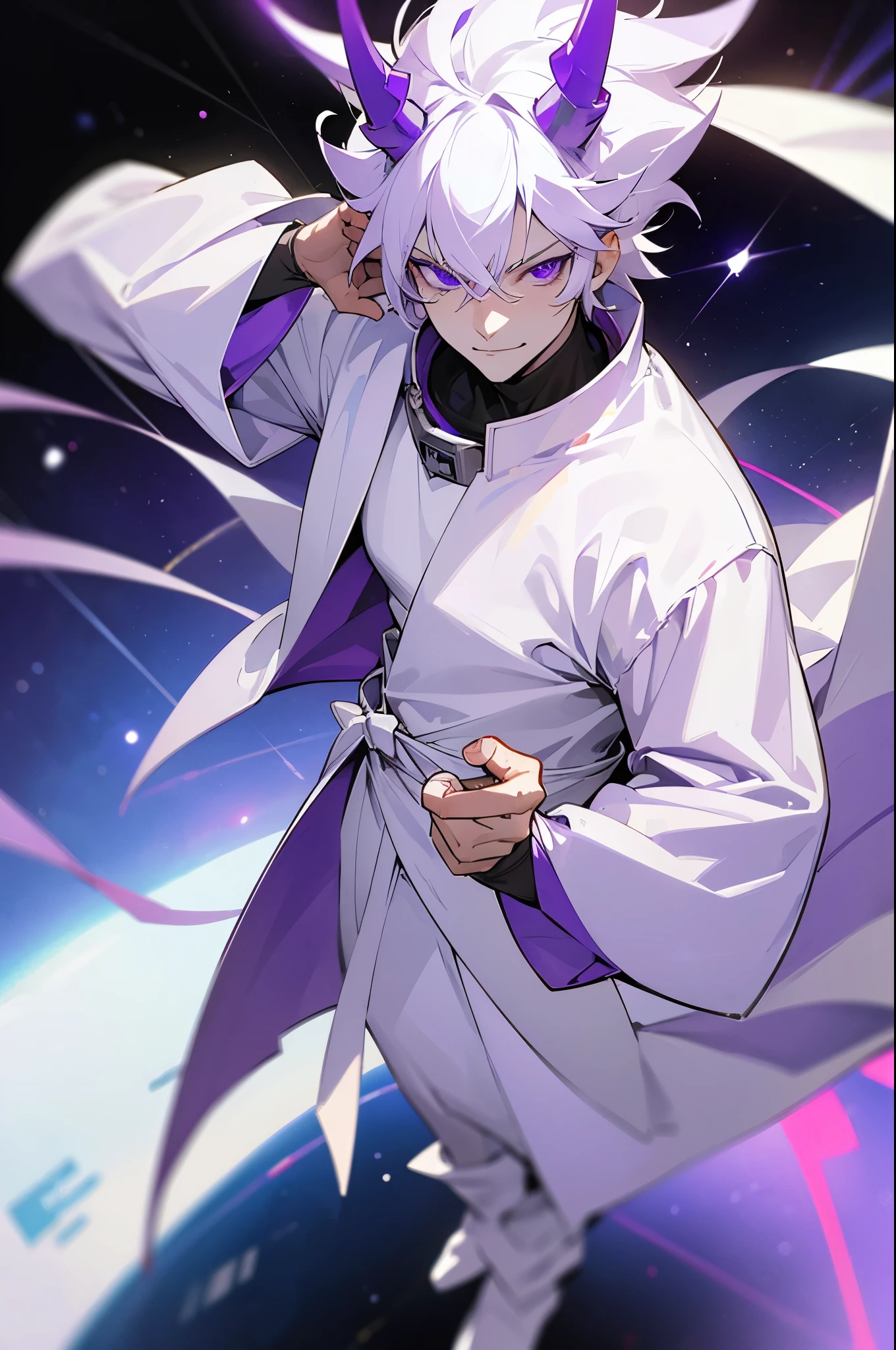 short white hair, purple eyes, purple horned helmet, muscular male, in space, pale white skin, evil smirk, full body,purple space amor, camera in front of person, white robe