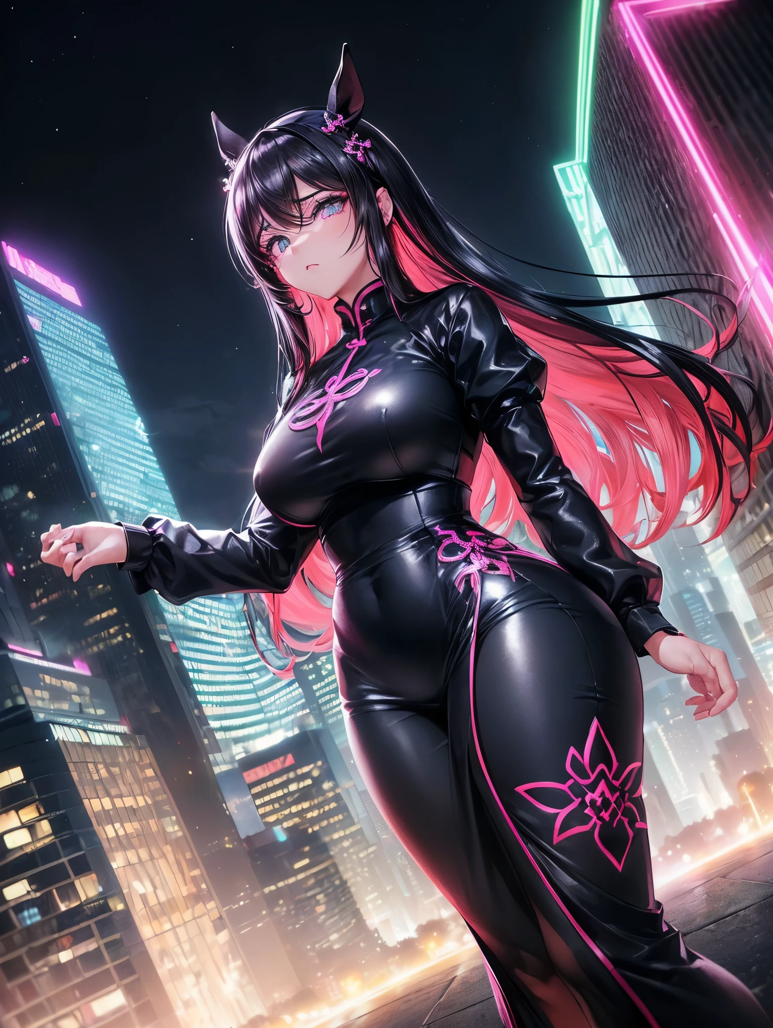 anime, (obra de arte, melhor qualidade, ultra-detalhado, Alto contraste), 1 mulher (sozinho, corpo todo, corpo plus size, standing on the edge of the skyscraper, cabelo prateado, LONGO em um rabo de cavalo, olhos vermelhos, olhos perfeitos brilhos de rubi, (qipao preto simples, black cybernetics with neon pink), Meias pretas transparentes), (skyscraper roof, com vista para uma cidade, fundo detalhado ((Night time, darkness, low light pollution)))