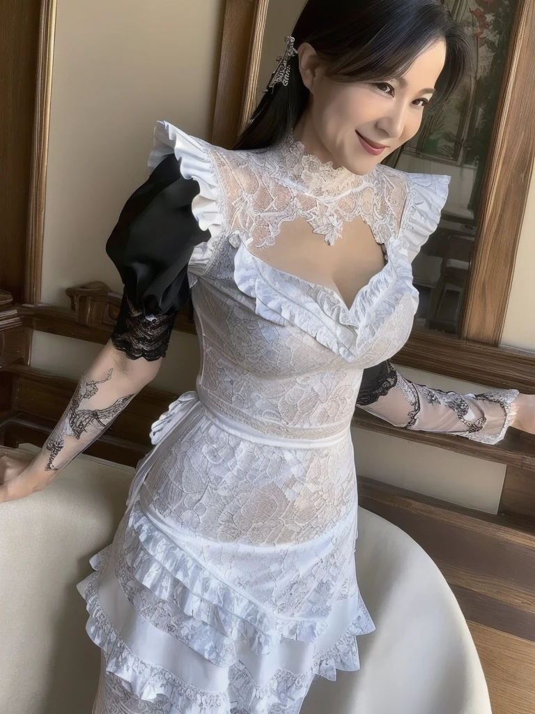 (masterpiece:1.5),(highest quality:1.5),(Highest quality:1.5),(8K:1.5),(Looking at this),(Big Breasts:1.3),Slender,Narrow waist,Beautiful and thin legs,smile,Beautiful Japanese mature woman in her 50s,(A tight classic maid outfit with lace and frills:1.3),(Bent forward and have a sexy posture:1.1)